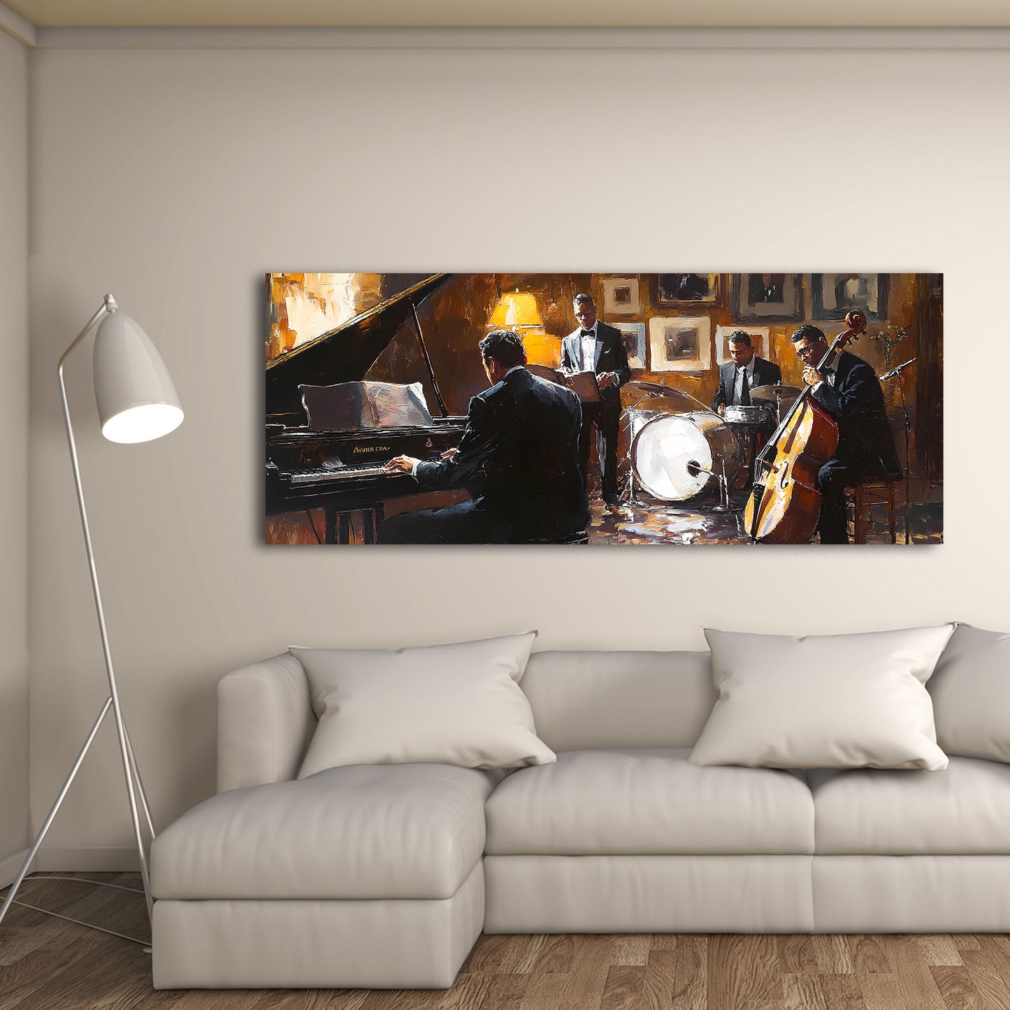 Quadro astratto musica jazz pianoforte contrabbasso batteria stile pittorico elegante