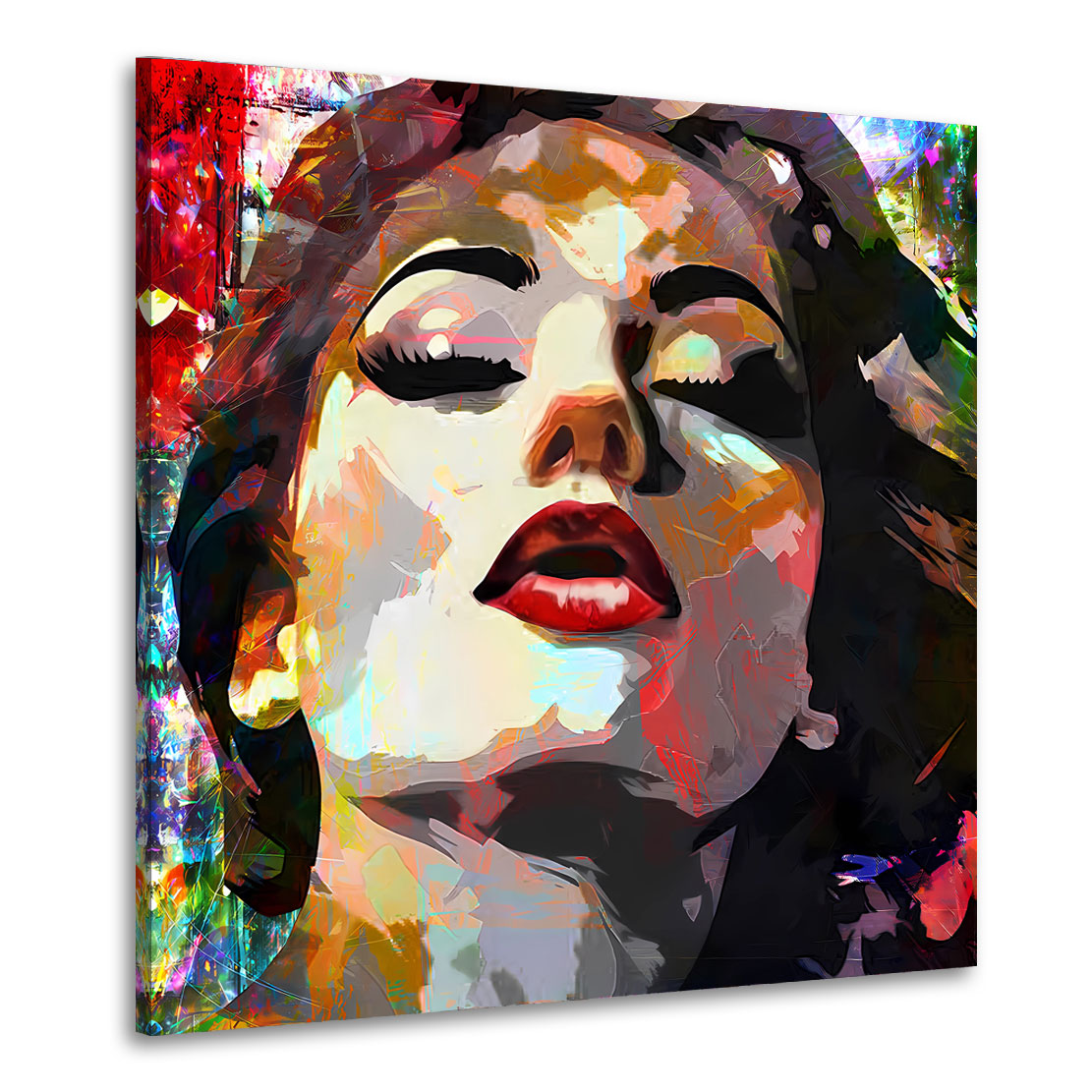 Quadro astratto ritratto femminile con labbra rosse in colori intensi