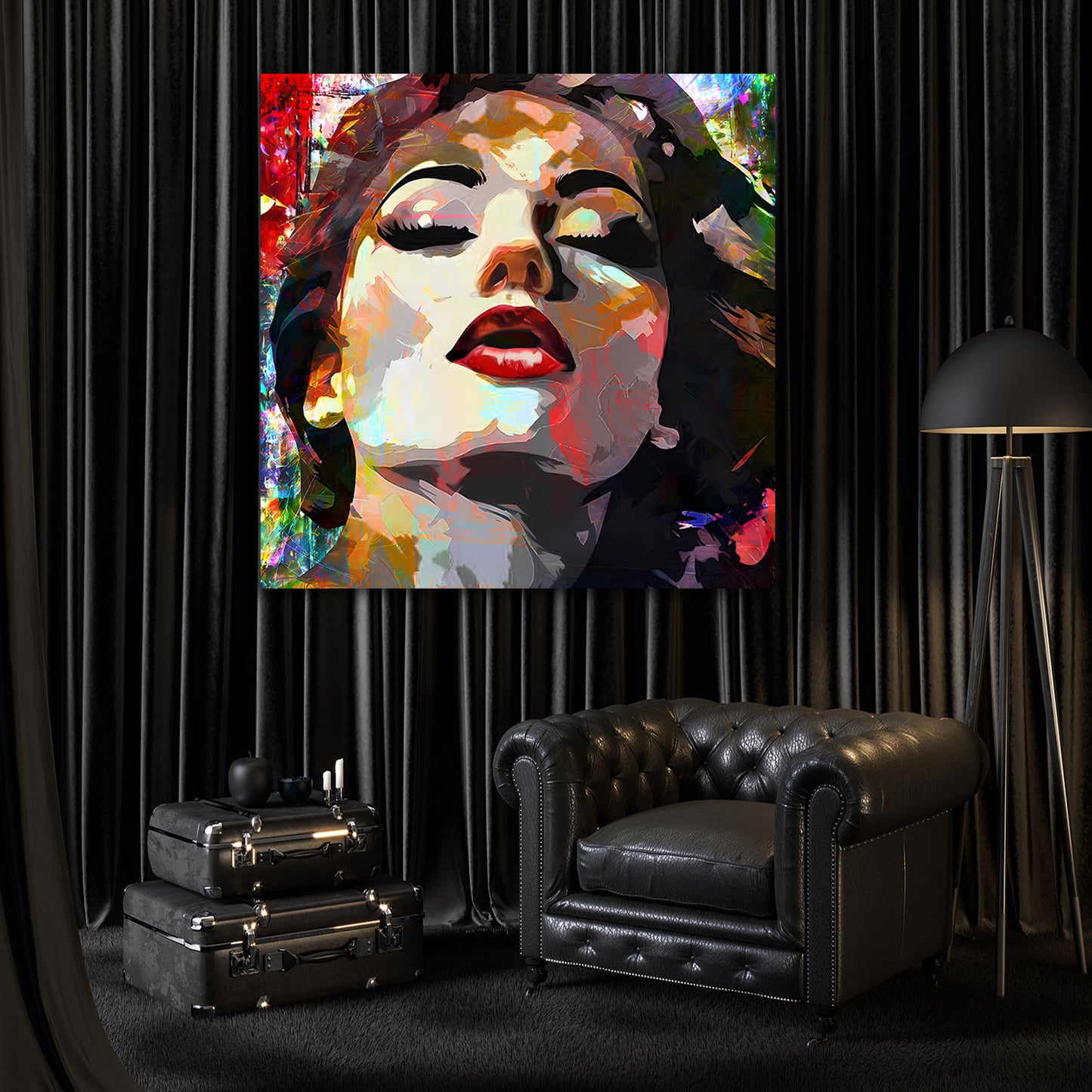 Quadro astratto ritratto femminile con labbra rosse in colori intensi