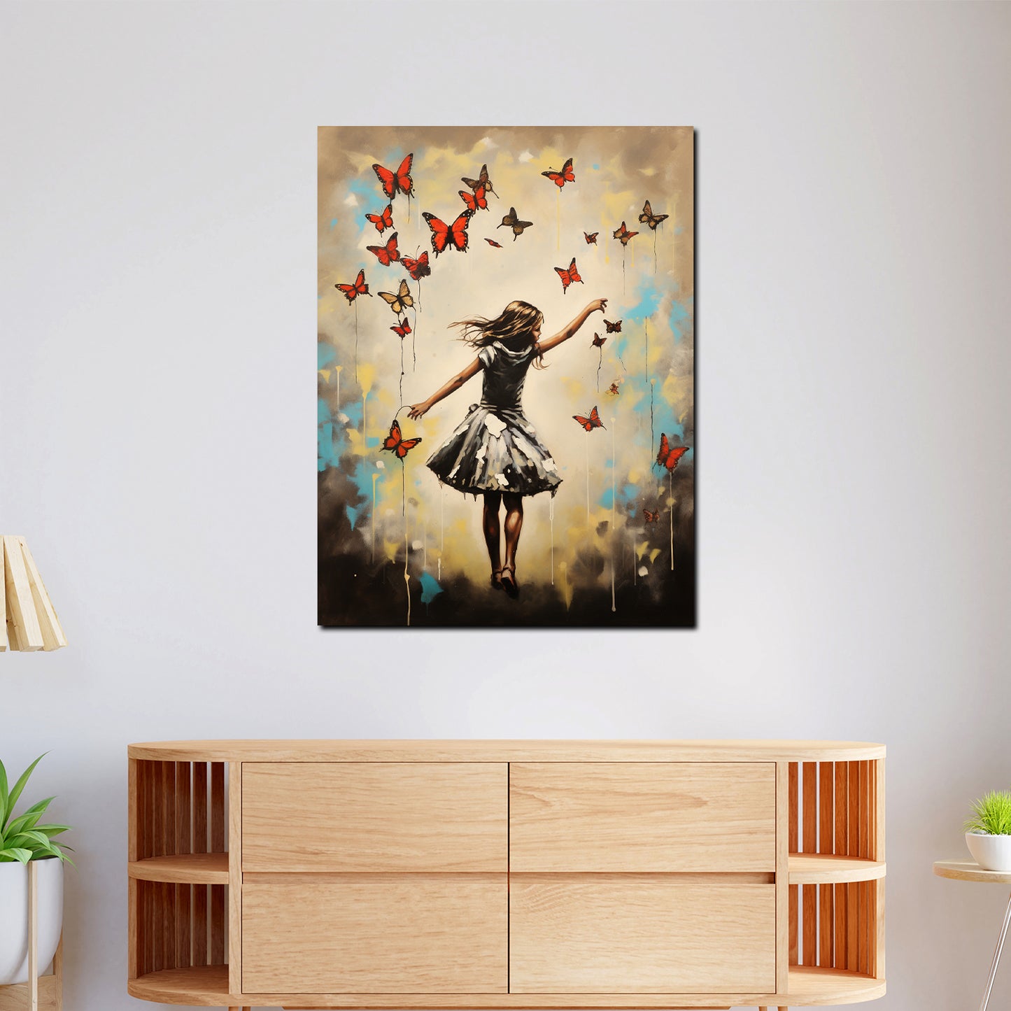 Quadro astratto street art ragazza con farfalle rosse