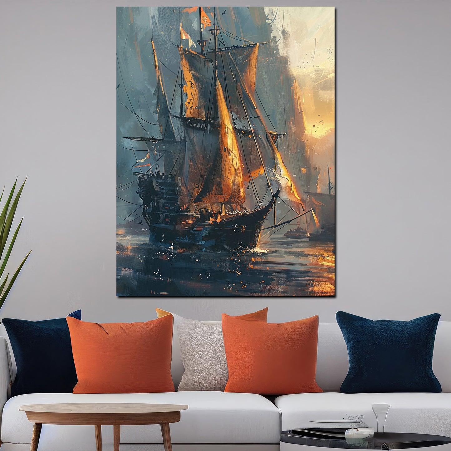 Quadro astratto veliero al tramonto