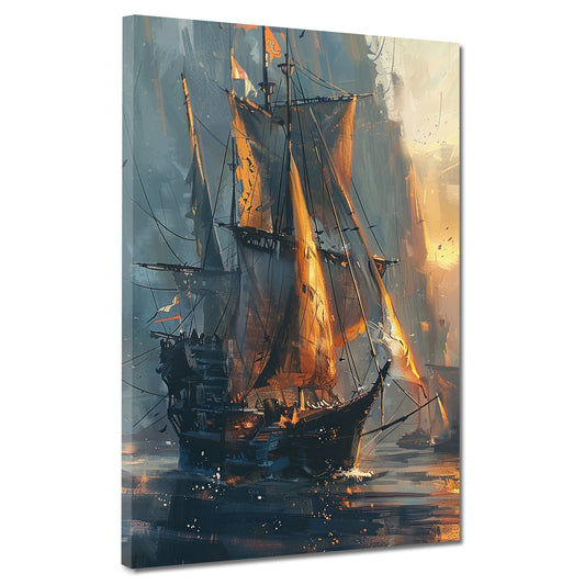 Quadro astratto veliero al tramonto