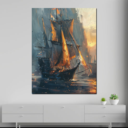 Quadro astratto veliero al tramonto