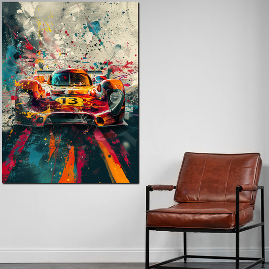 Quadro auto da corsa pop art con effetti di colore astratti