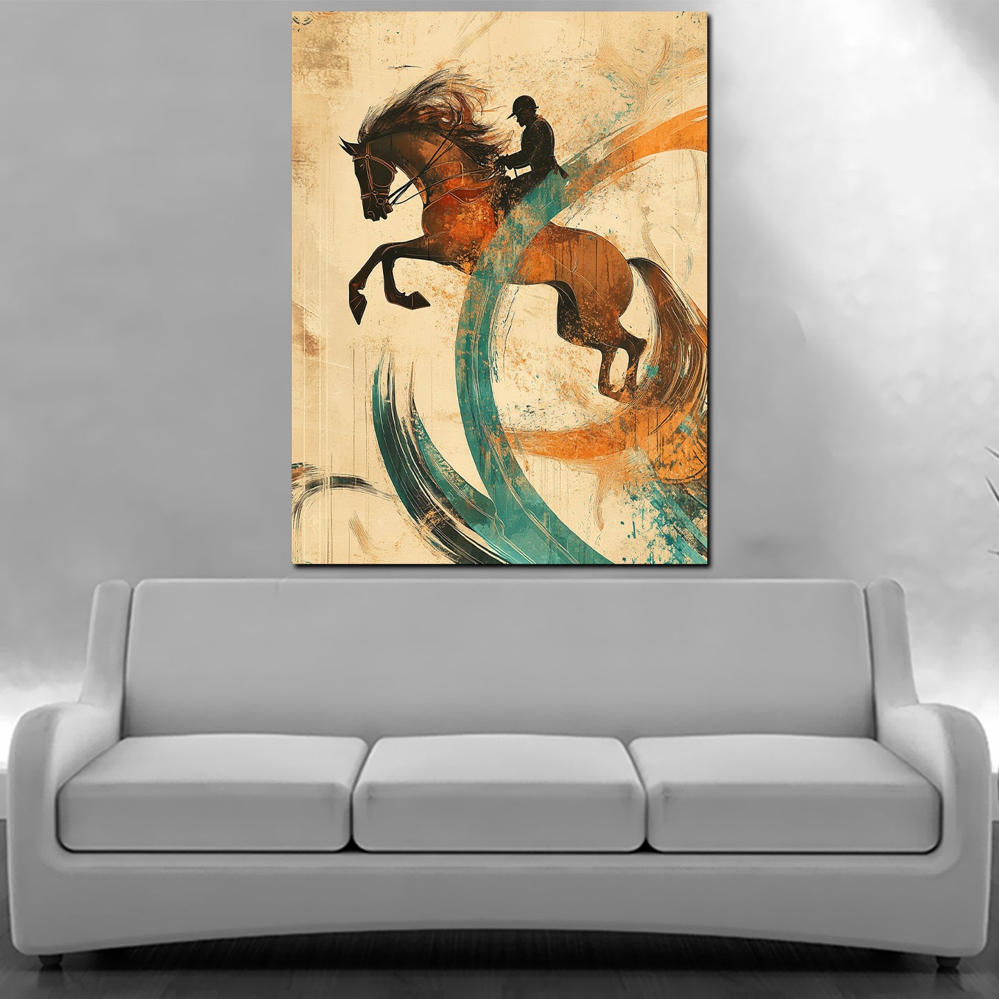 Quadro cavallo con cavaliere salto moderno artistico