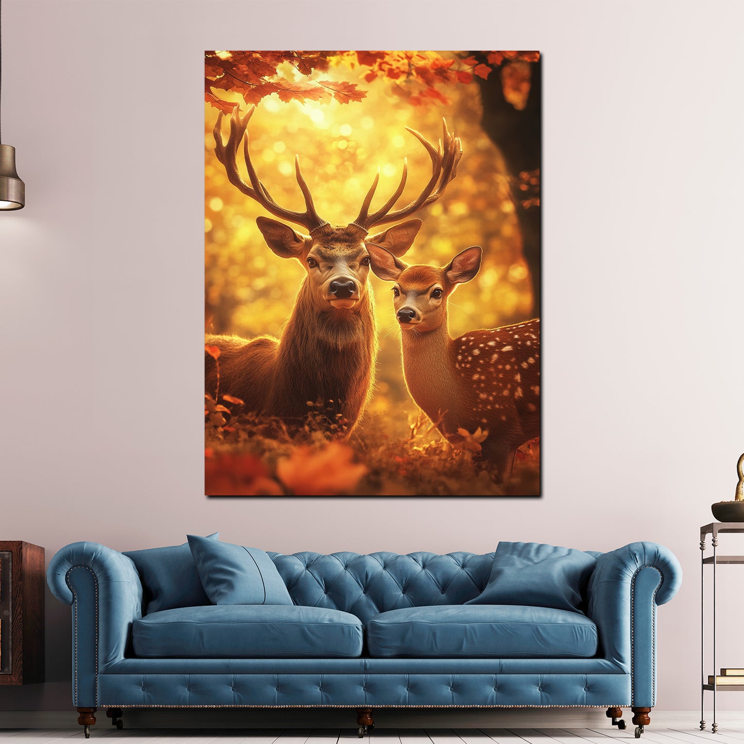 Quadro cervi coppia foresta autunno luce natura