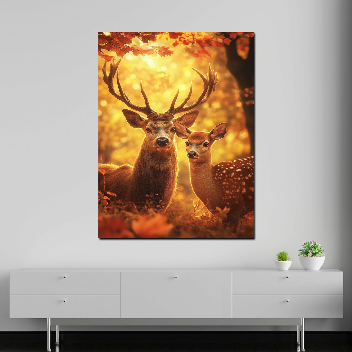 Quadro cervi coppia foresta autunno luce natura