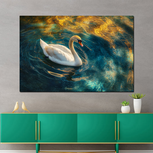 Quadro cigno elegante in acqua blu oro riflessi luce moderno