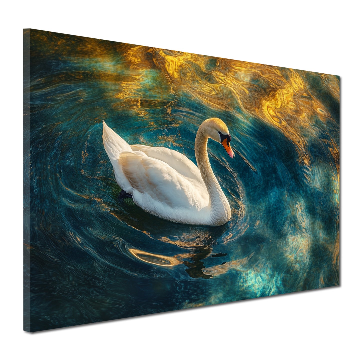 Quadro cigno elegante in acqua blu oro riflessi luce moderno