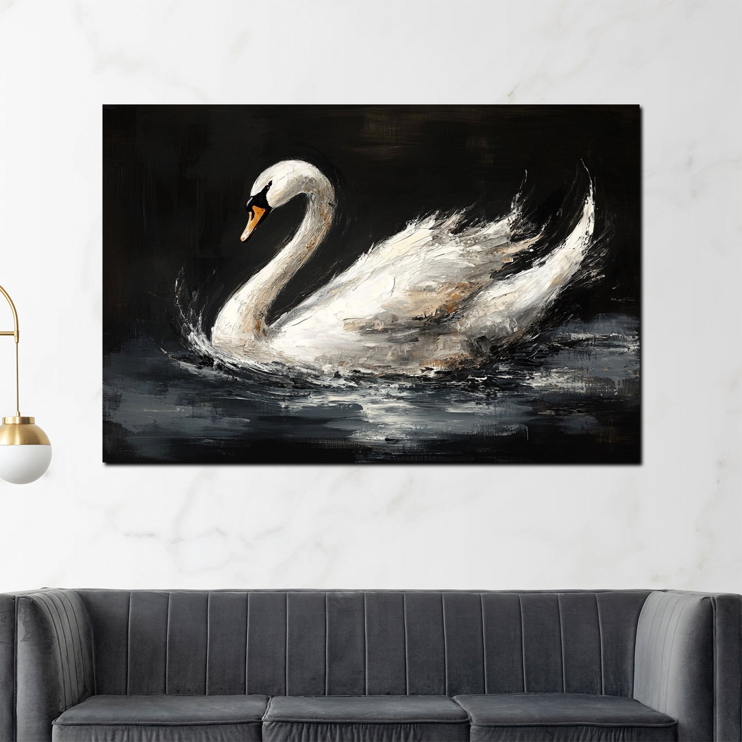 Quadro cigno elegante pittura fluida sull'acqua stile moderno