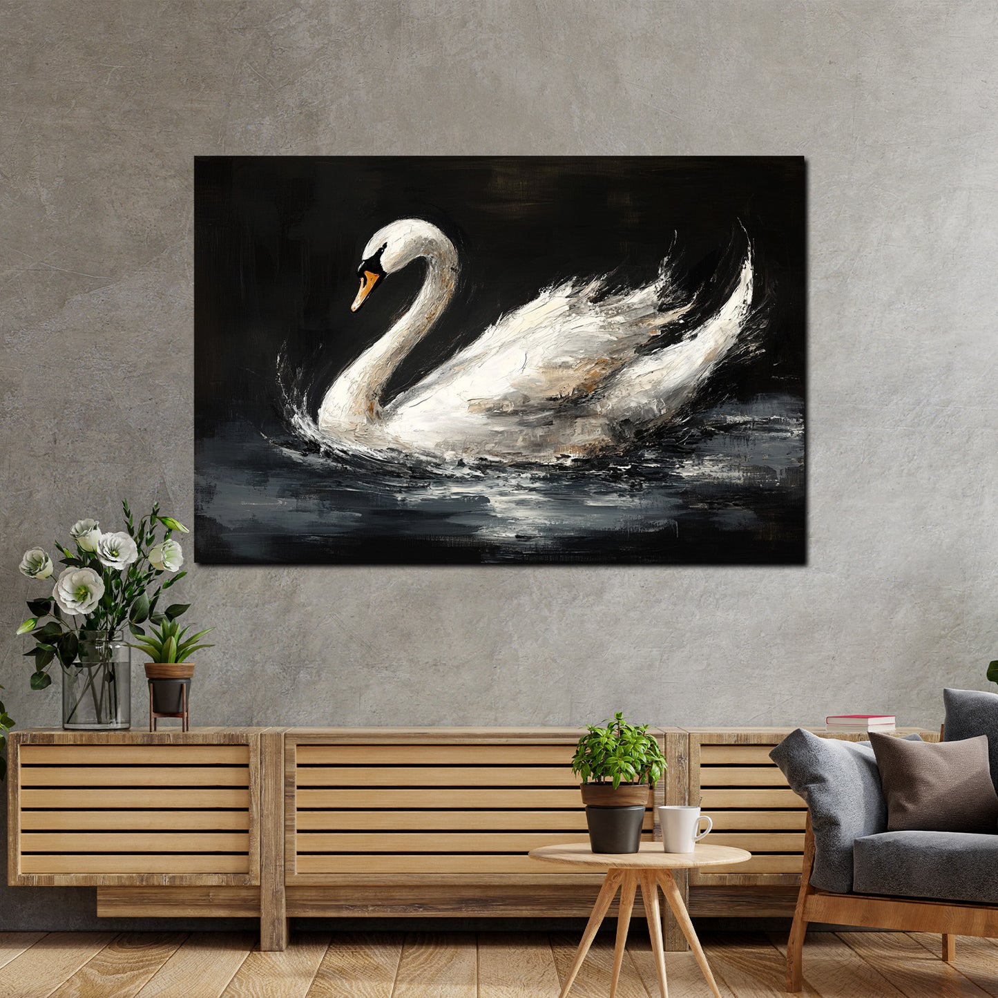 Quadro cigno elegante pittura fluida sull'acqua stile moderno