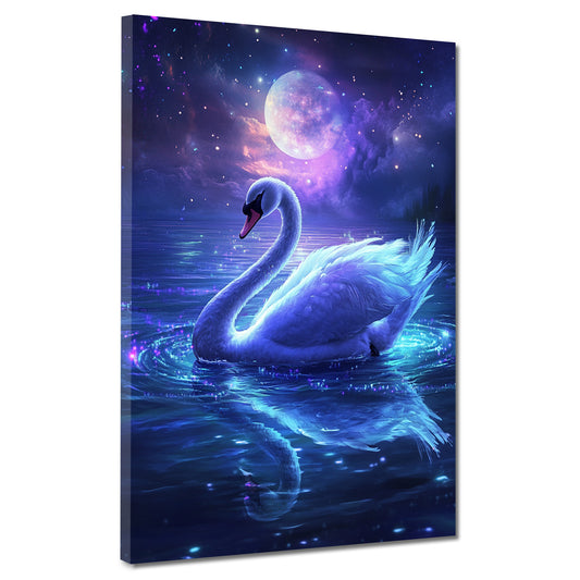 Quadro cigno sognante sotto la luna magia acqua stelle moderno