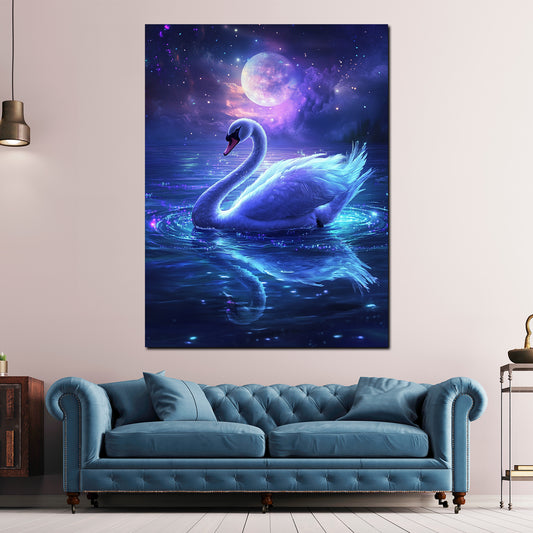 Quadro cigno sognante sotto la luna magia acqua stelle moderno