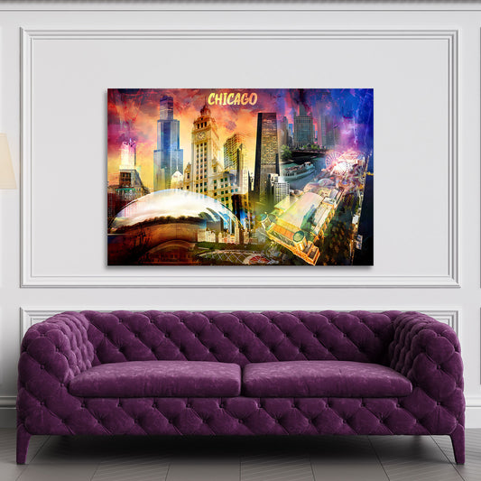 Quadro città Chicago skyline USA architettura pop art