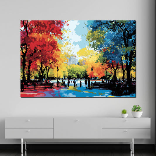 Quadro città USA pop art parco urbano alberi colorati passeggiata autunnale