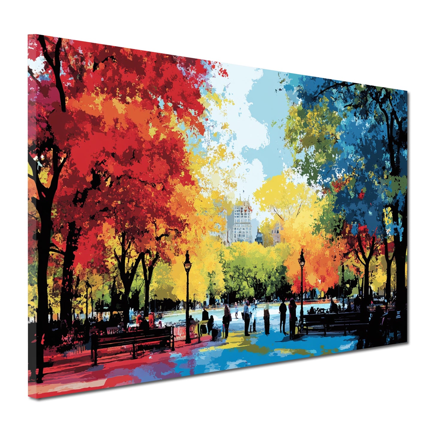 Quadro città USA pop art parco urbano alberi colorati passeggiata autunnale