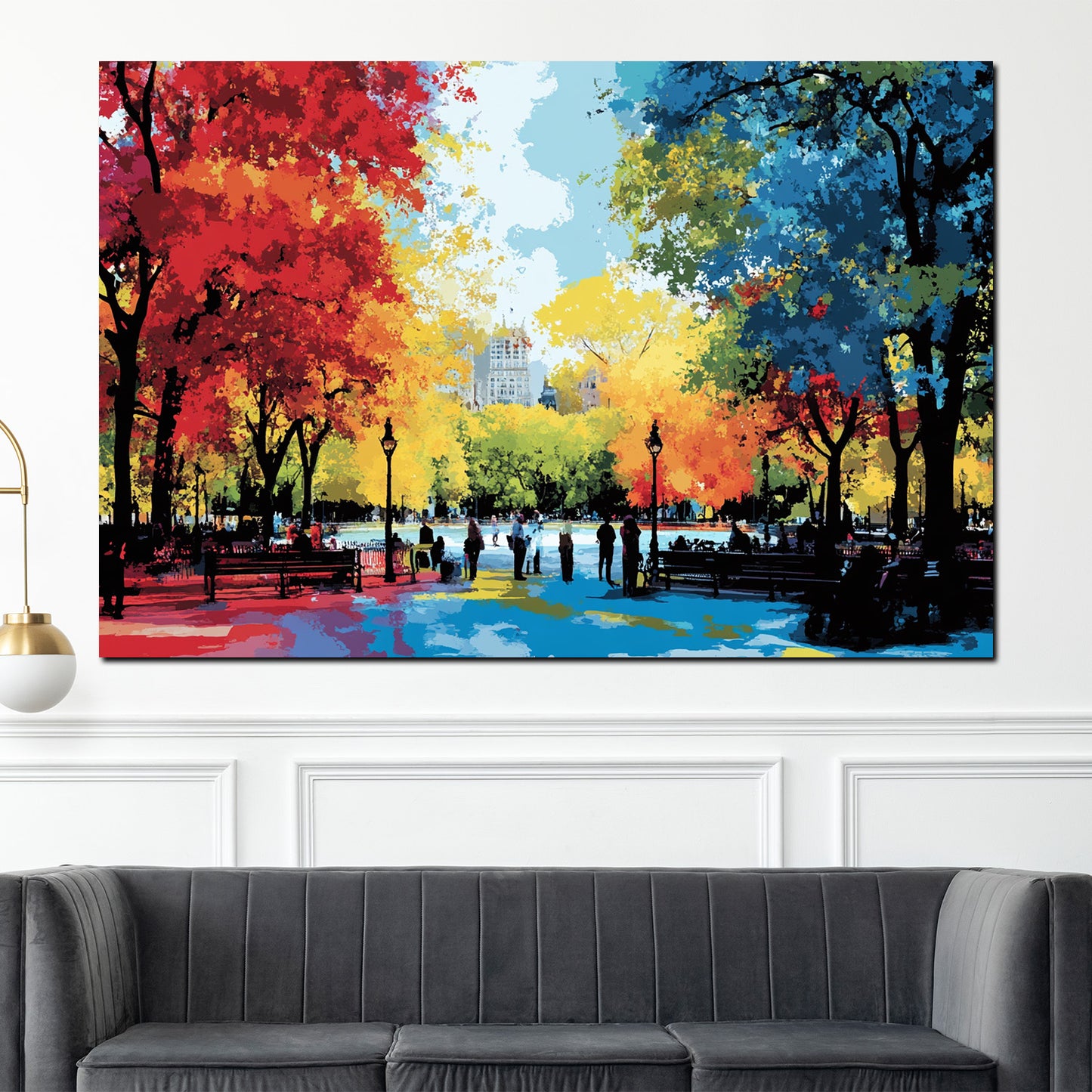 Quadro città USA pop art parco urbano alberi colorati passeggiata autunnale