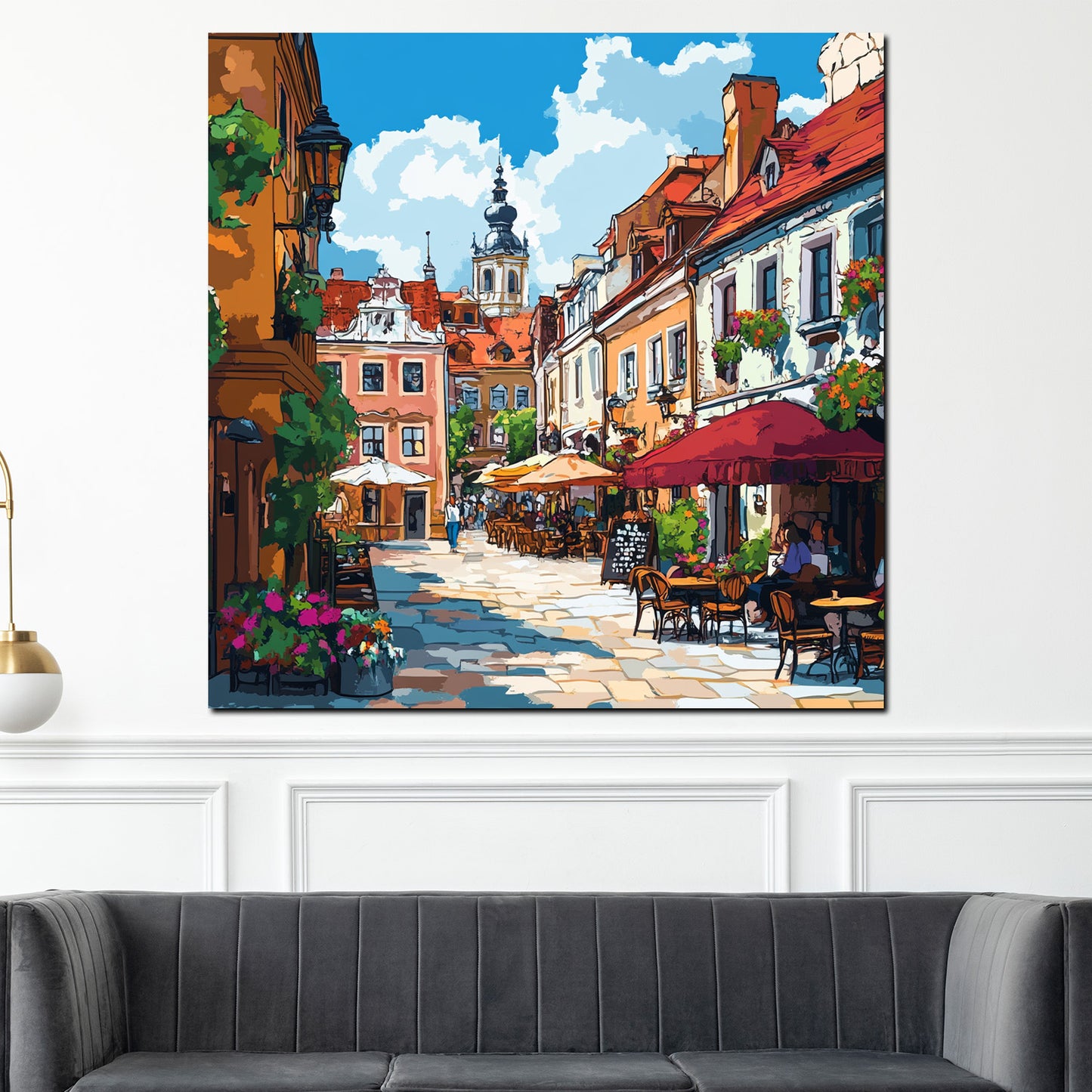 Quadro città centro storico vicolo caffè estate colorato moderno