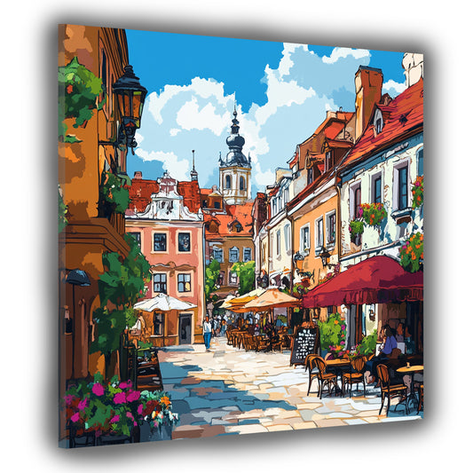 Quadro città centro storico vicolo caffè estate colorato moderno