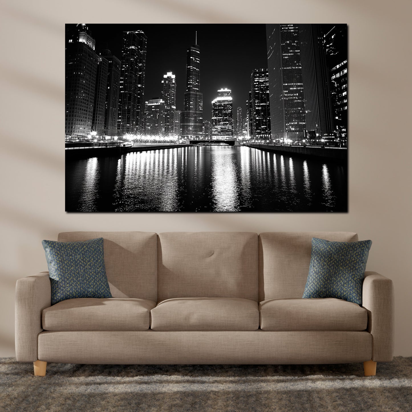 Quadro città chicago usa skyline grattacieli bianco e nero riflesso notturno
