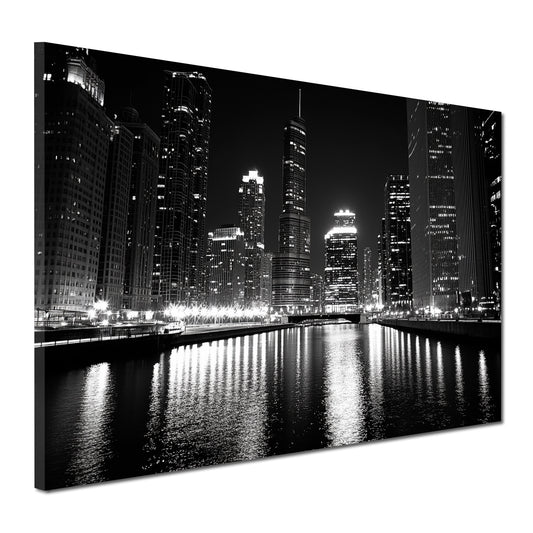 Quadro città chicago usa skyline grattacieli bianco e nero riflesso notturno