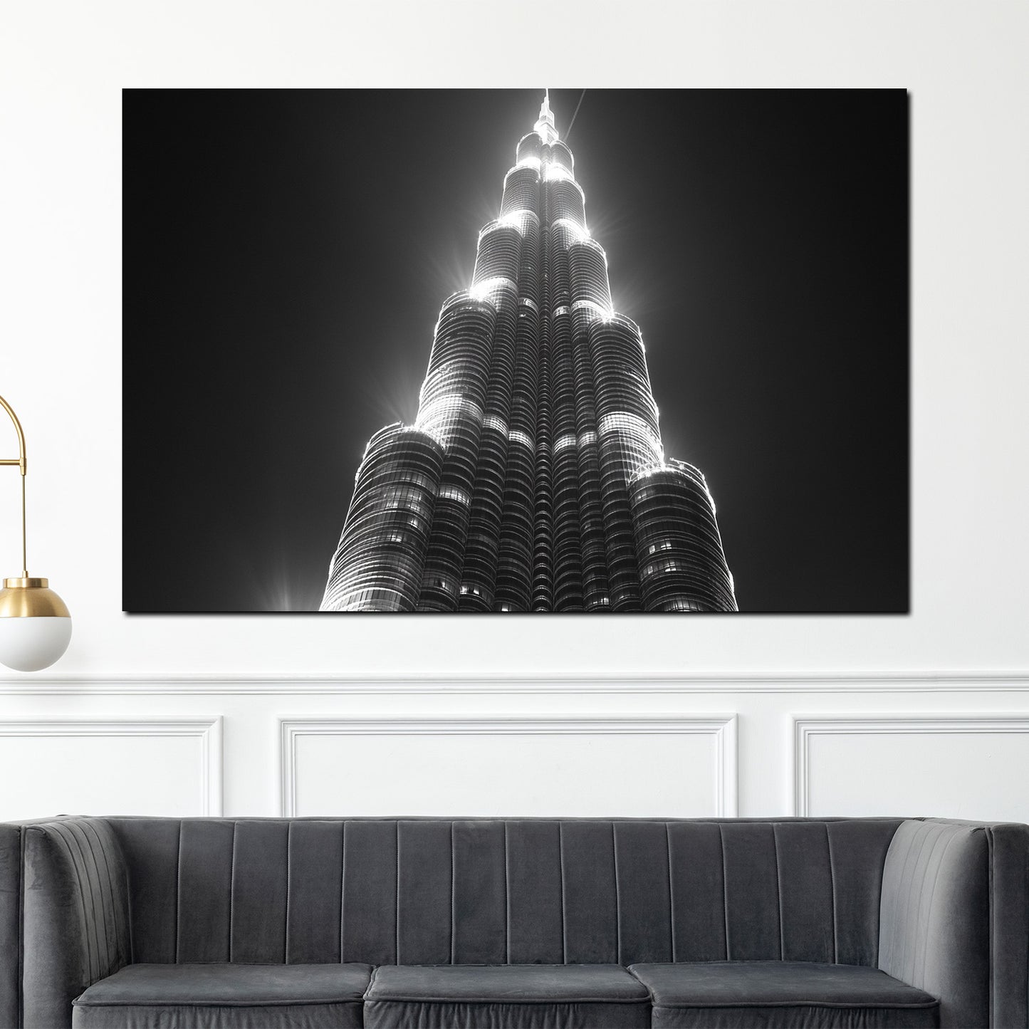 Quadro città dubai burj khalifa architettura bianco e nero prospettiva notturna