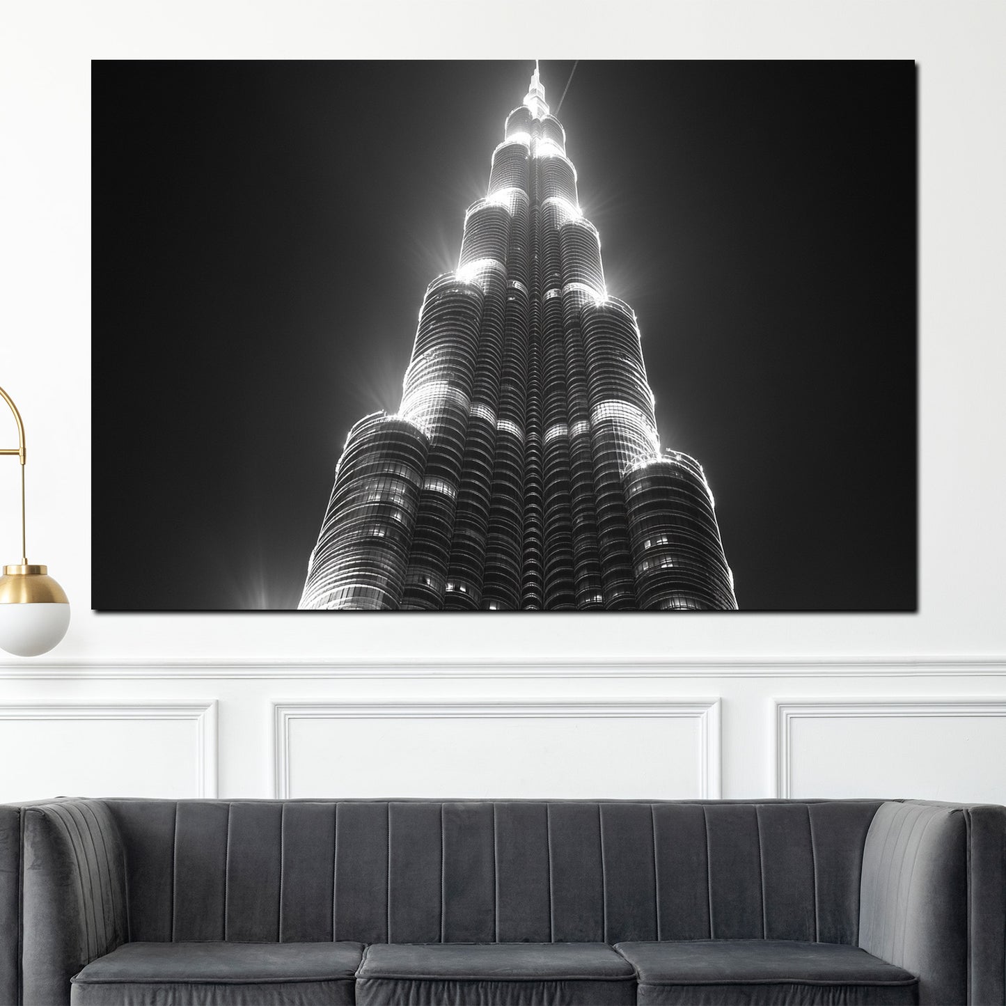 Quadro città dubai burj khalifa architettura bianco e nero prospettiva notturna