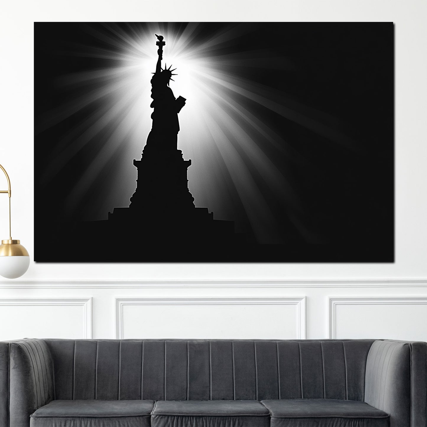 Quadro città new york statua della libertà bianco nero raggi di luce