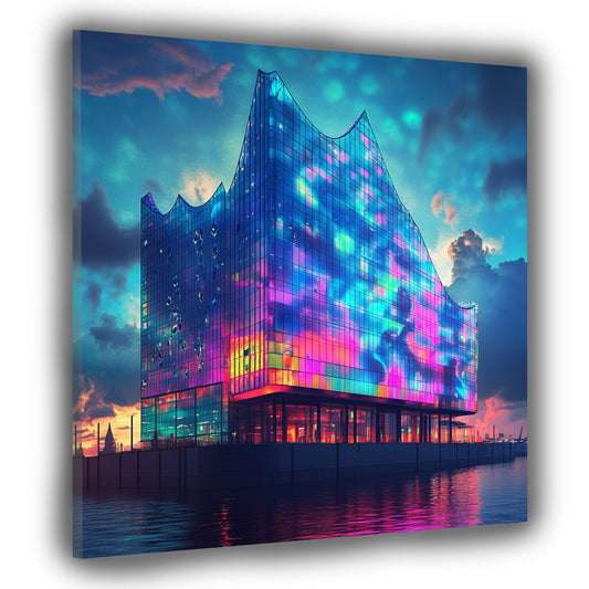 Quadro città pop art amburgo elbphilharmonie architettura colorata riflessi luce
