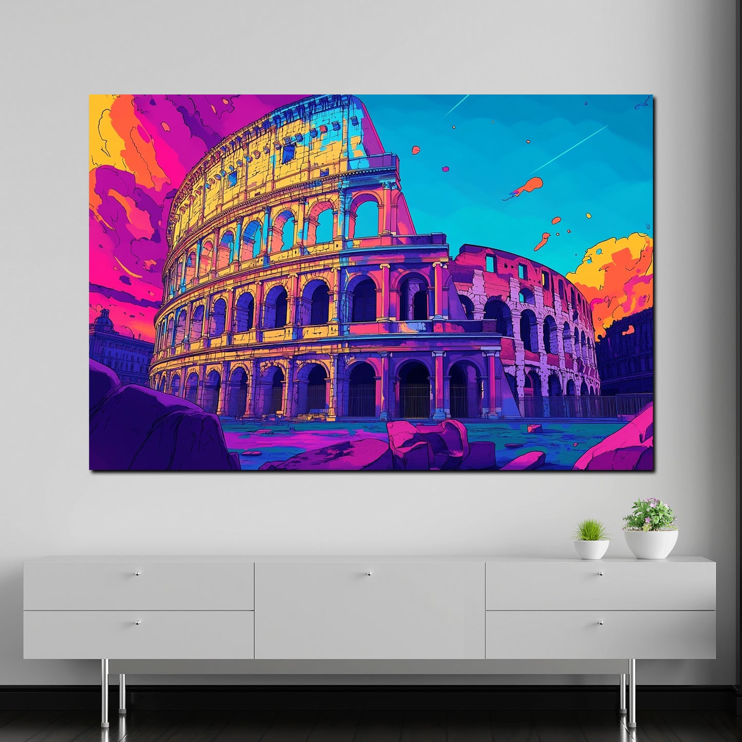 Quadro città pop art roma colosseo architettura colorata storica