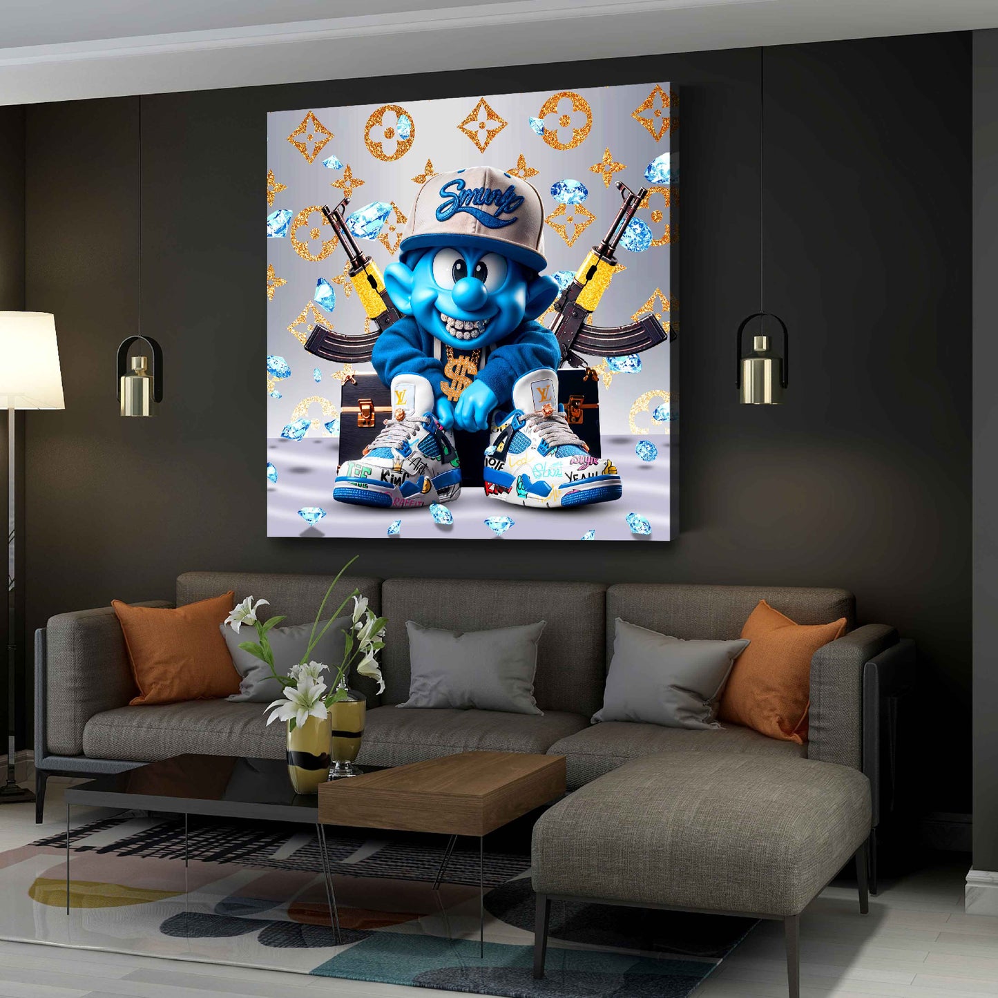 Quadro comic personaggio blu ricchezza lusso diamanti moderno