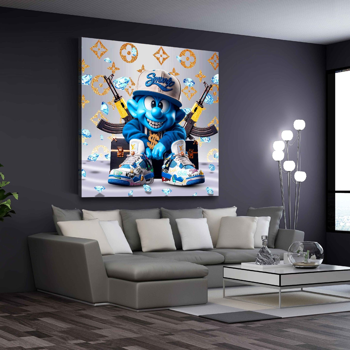 Quadro comic personaggio blu ricchezza lusso diamanti moderno