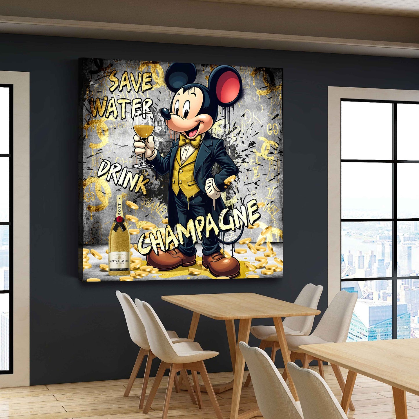 Quadro comic topo elegante con champagne soldi ricchezza moderno