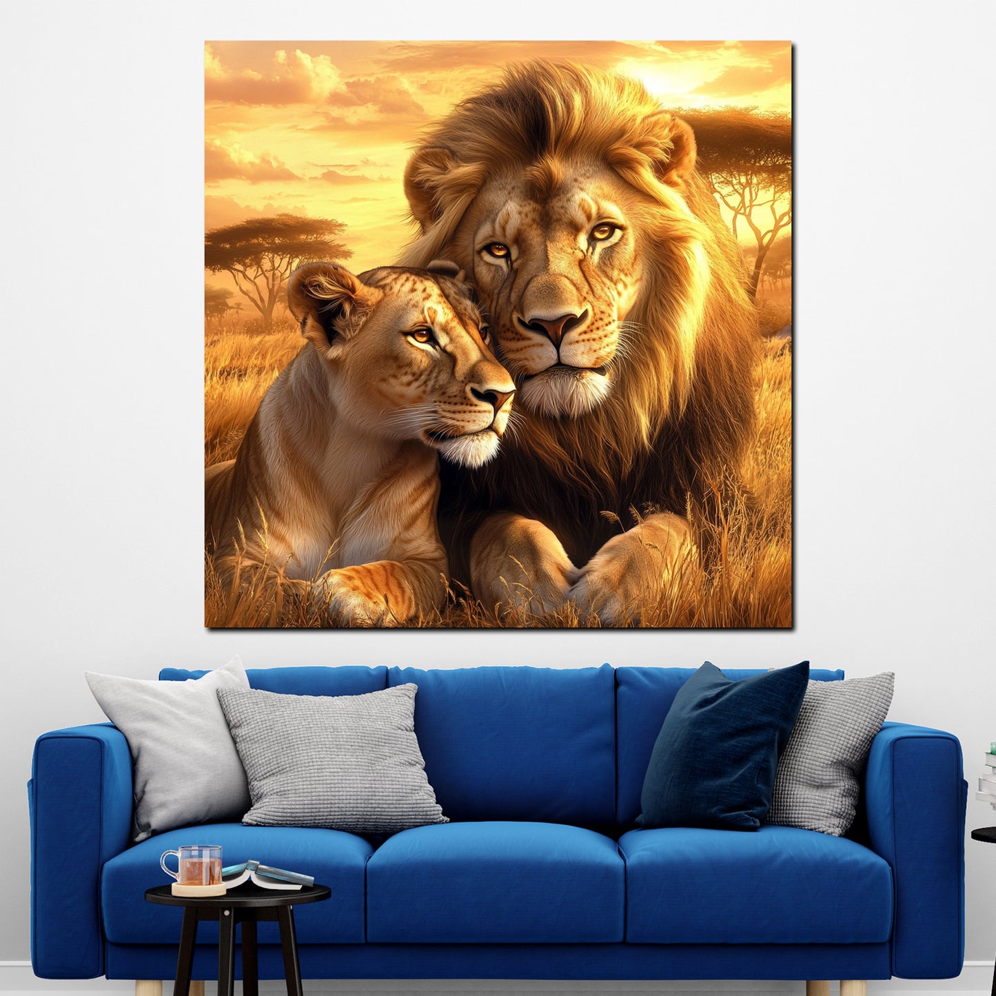 Quadro coppia di leoni africa tramonto natura amore