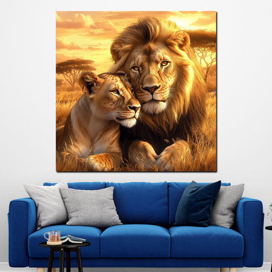 Quadro coppia di leoni africa tramonto natura amore