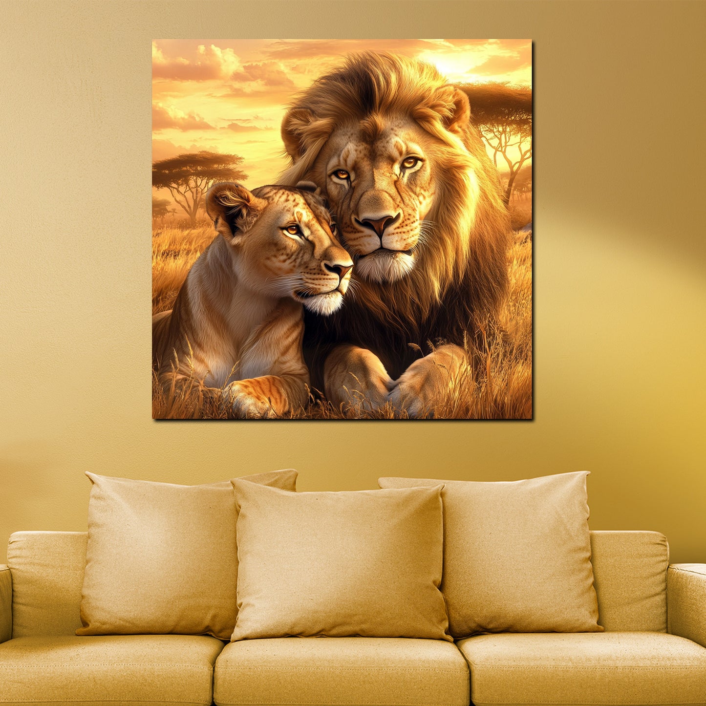 Quadro coppia di leoni africa tramonto natura amore