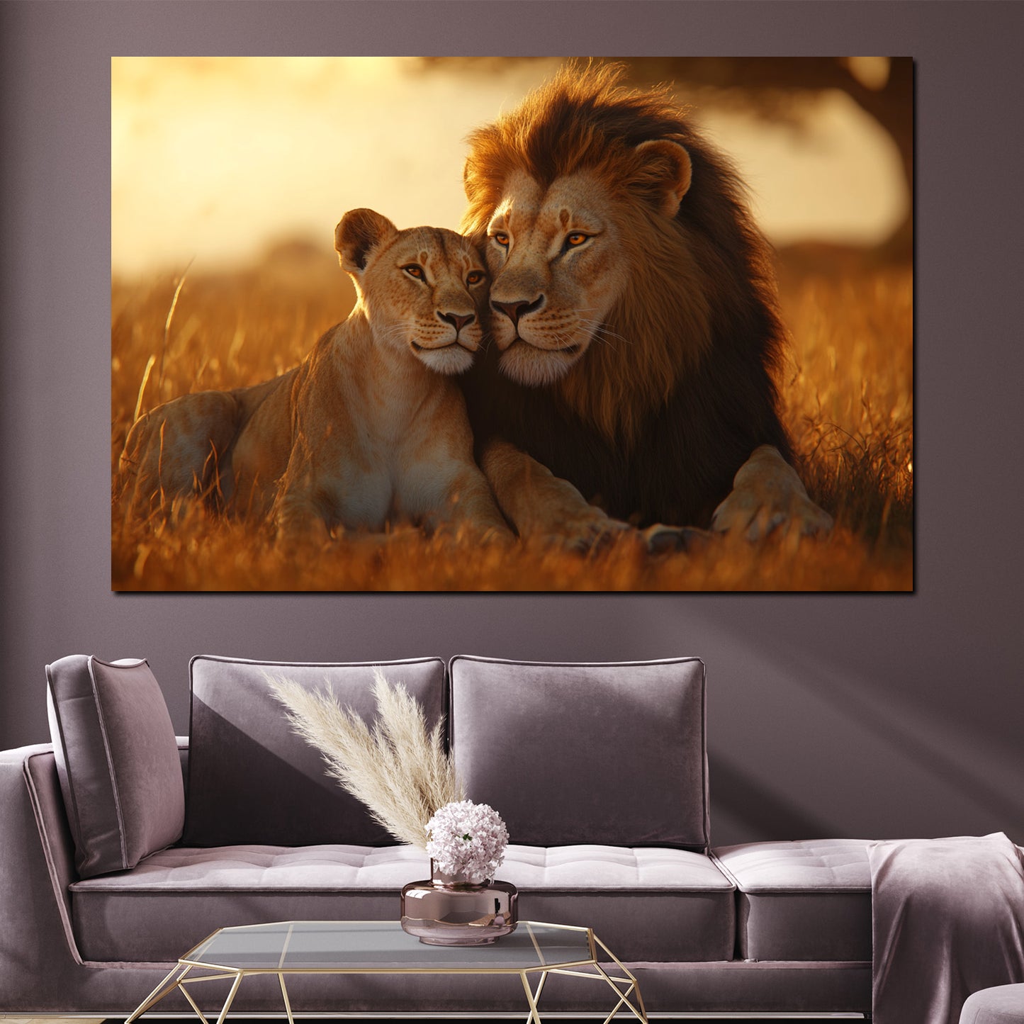 Quadro coppia di leoni innamorata savana tramonto