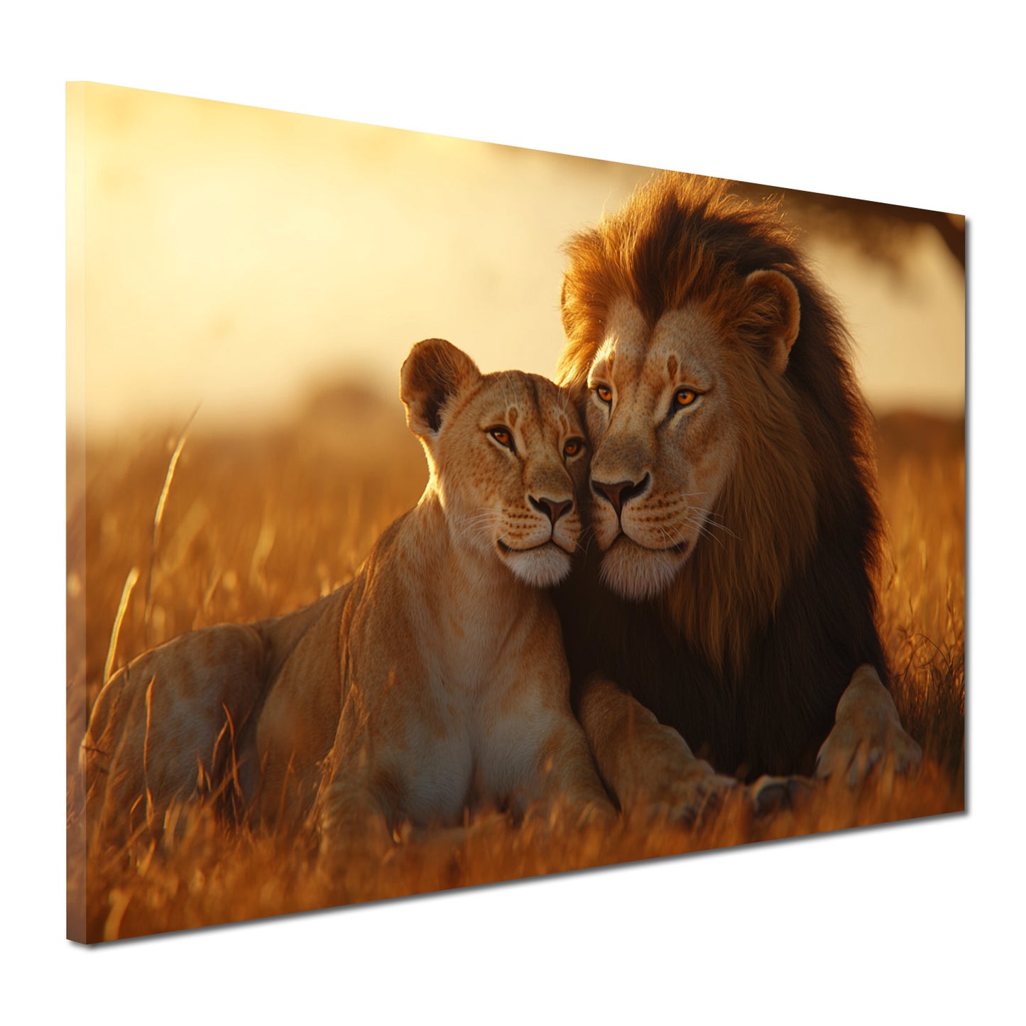 Quadro coppia di leoni innamorata savana tramonto