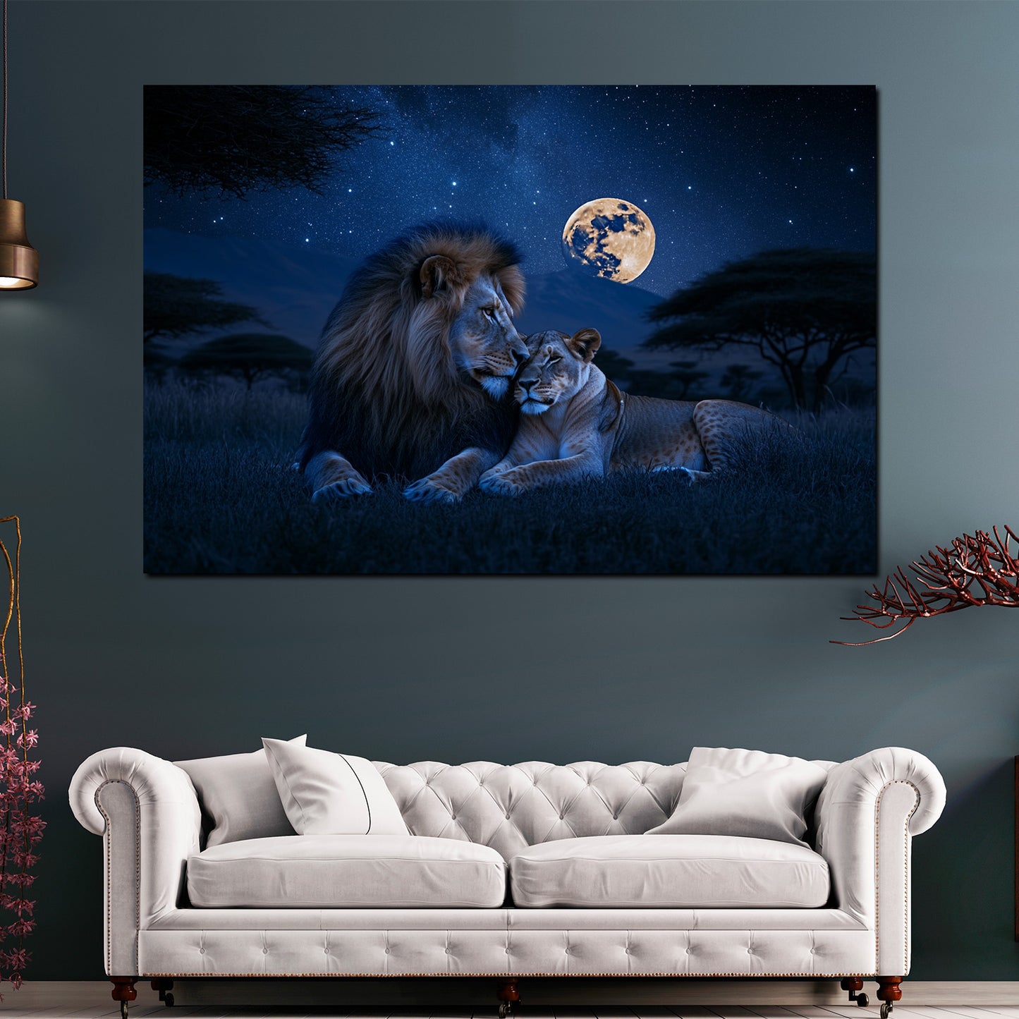 Quadro coppia di leoni romantica notte savana luna piena
