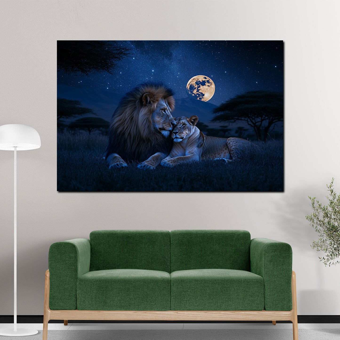 Quadro coppia di leoni romantica notte savana luna piena
