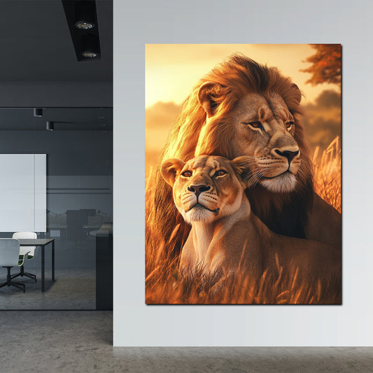 Quadro coppia di leoni savana tramonto forza natura