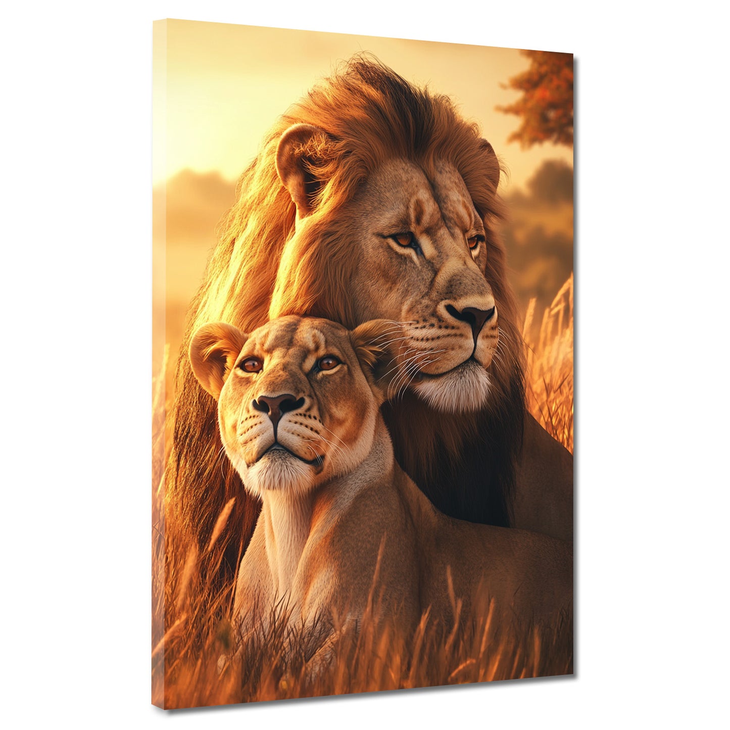 Quadro coppia di leoni savana tramonto forza natura