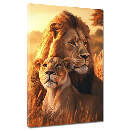 Quadro coppia di leoni savana tramonto forza natura
