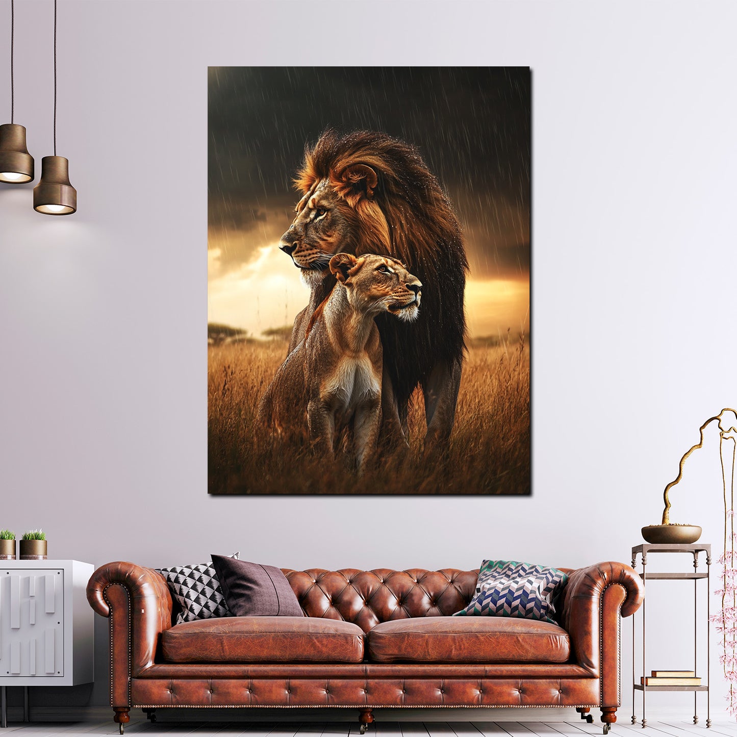 Quadro coppia di leoni selvaggi maestosi nella savana