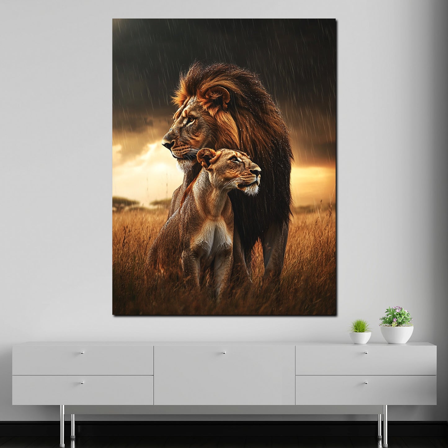 Quadro coppia di leoni selvaggi maestosi nella savana