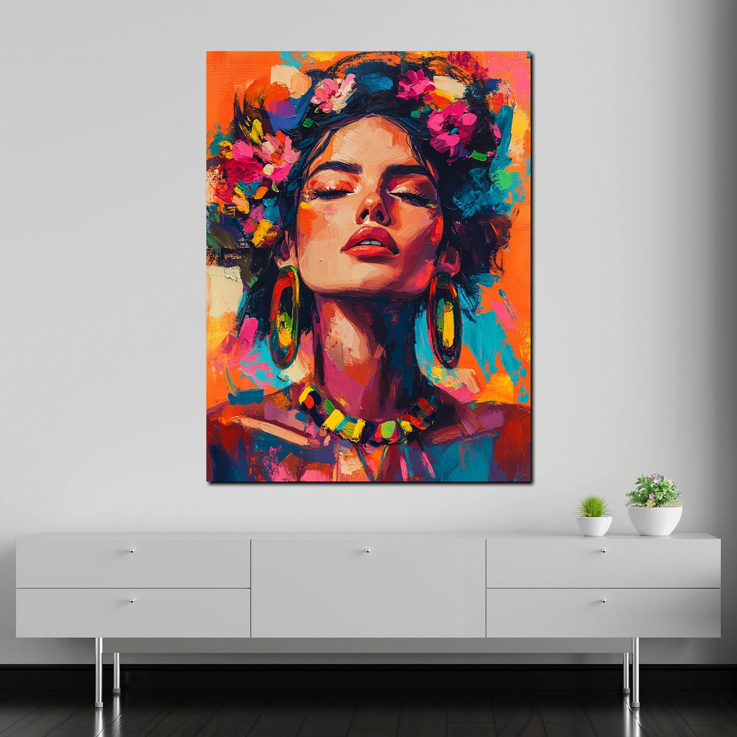 Quadro donna Pop Art fiori ritratto Frida colori intensi moderno