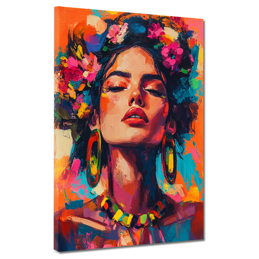 Quadro donna Pop Art fiori ritratto Frida colori intensi moderno