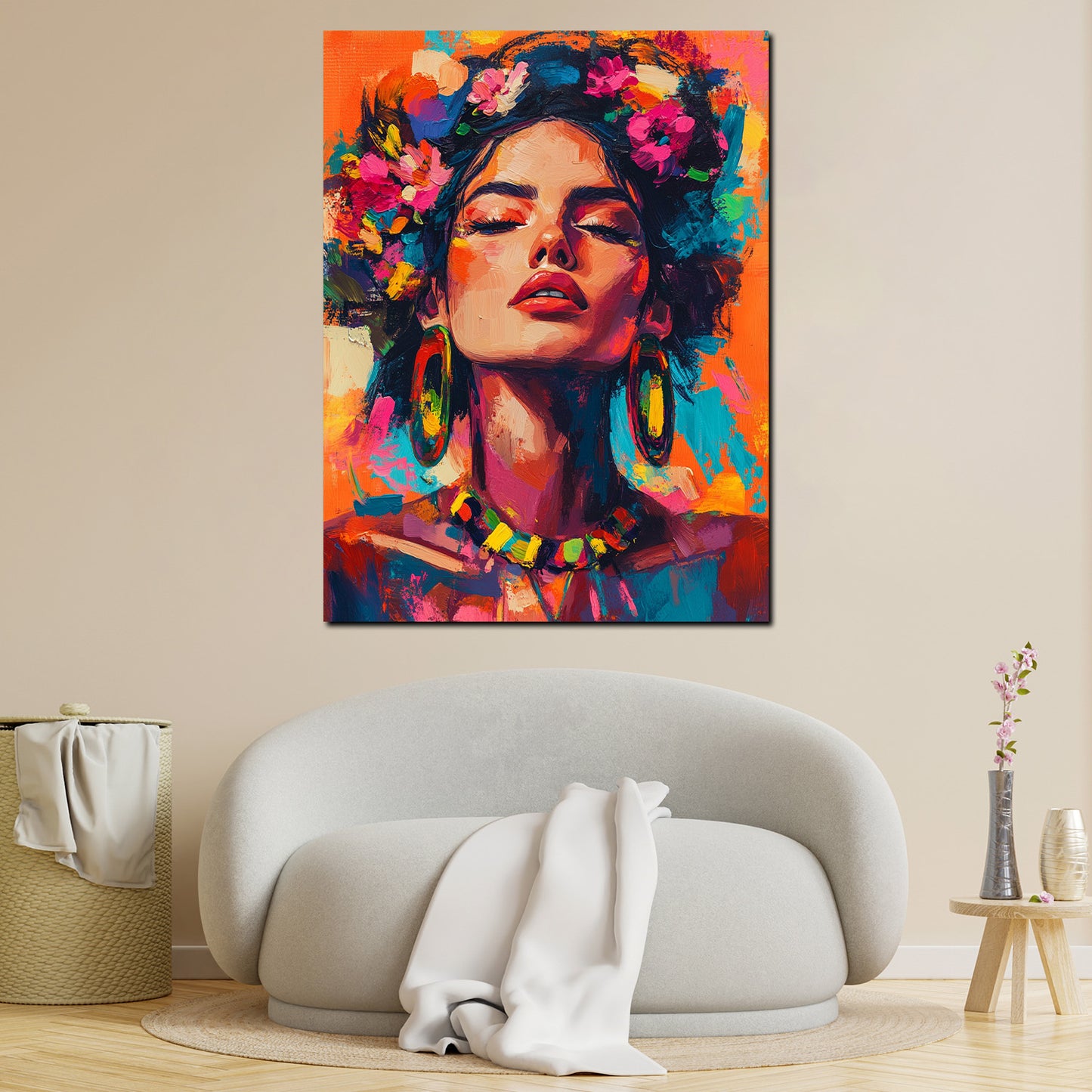 Quadro donna Pop Art fiori ritratto Frida colori intensi moderno
