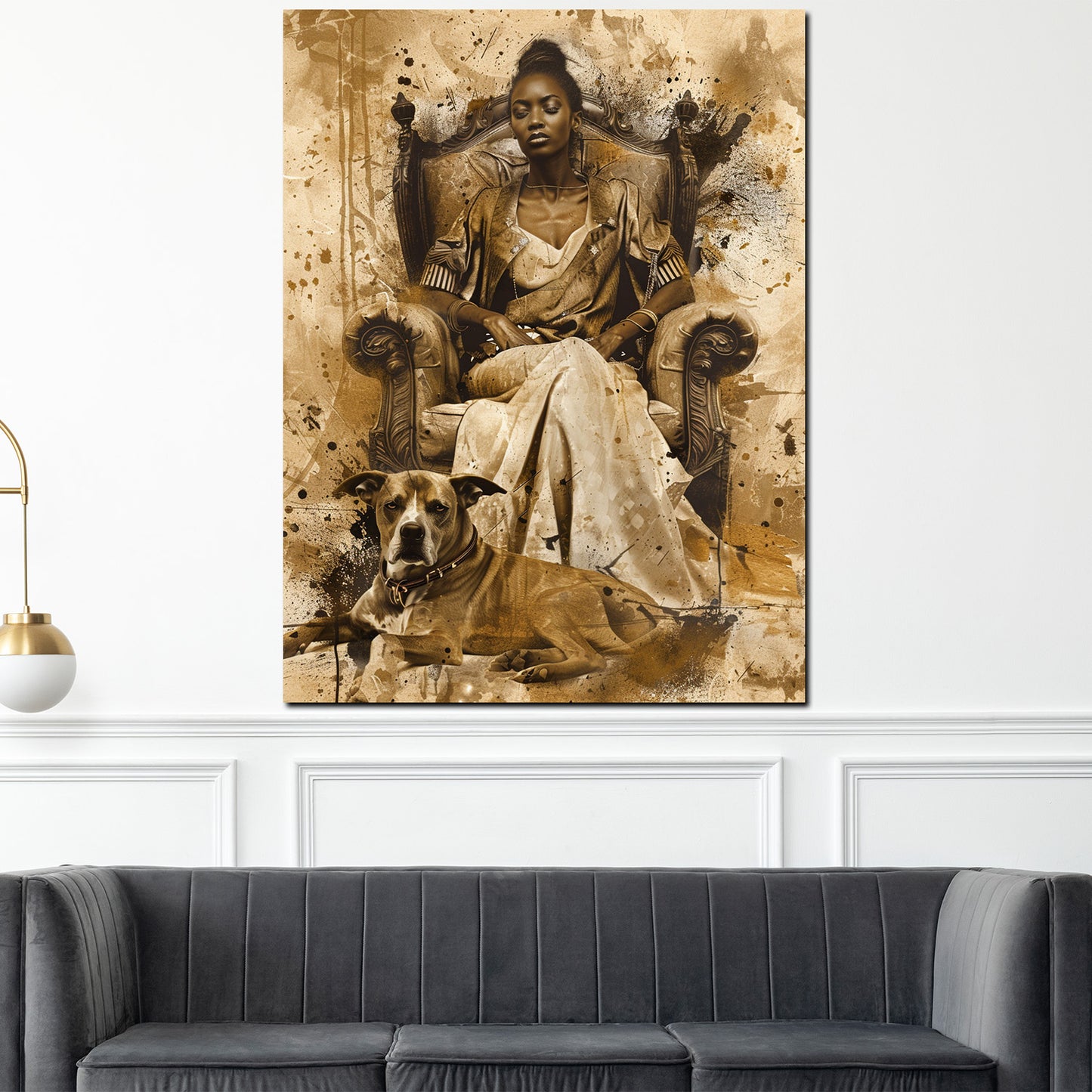 Quadro donna africana con cane stile vintage