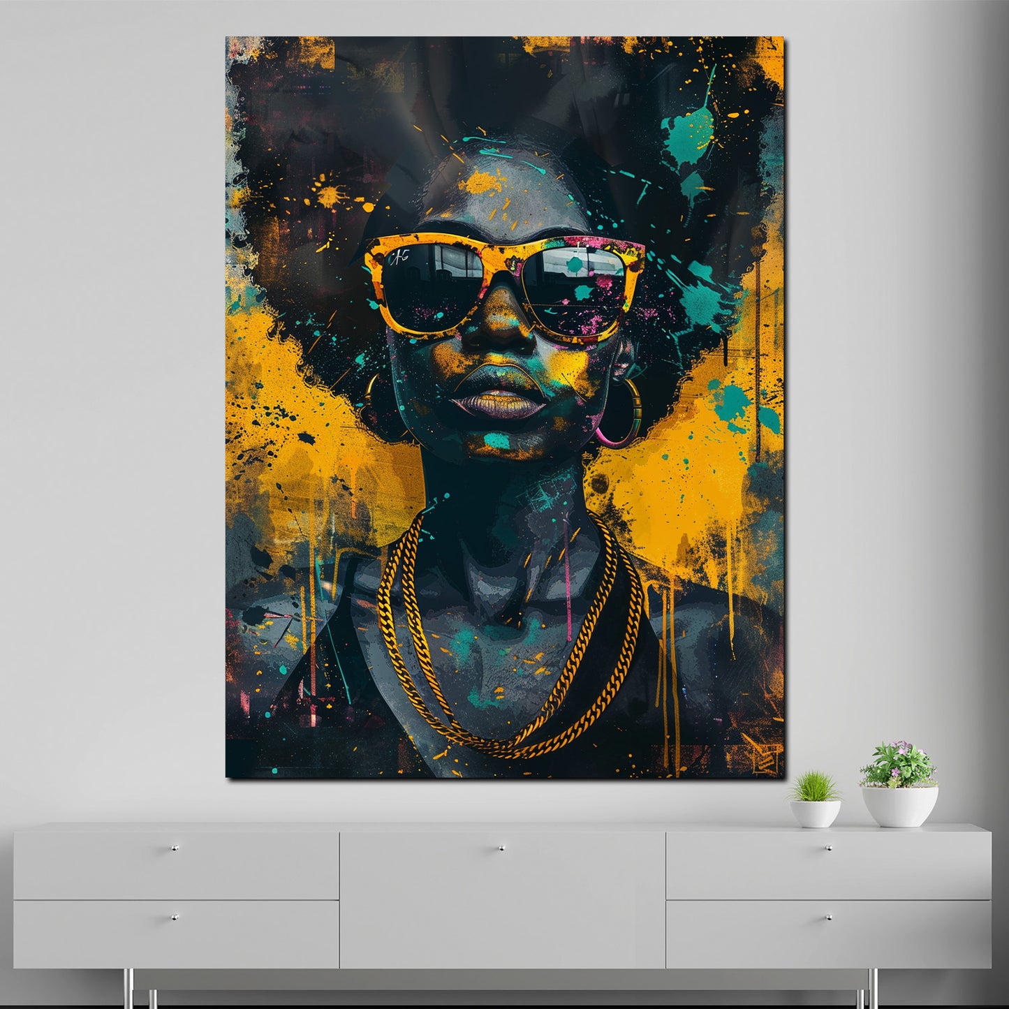 Quadro donna africana con occhiali da sole moderna e colorata